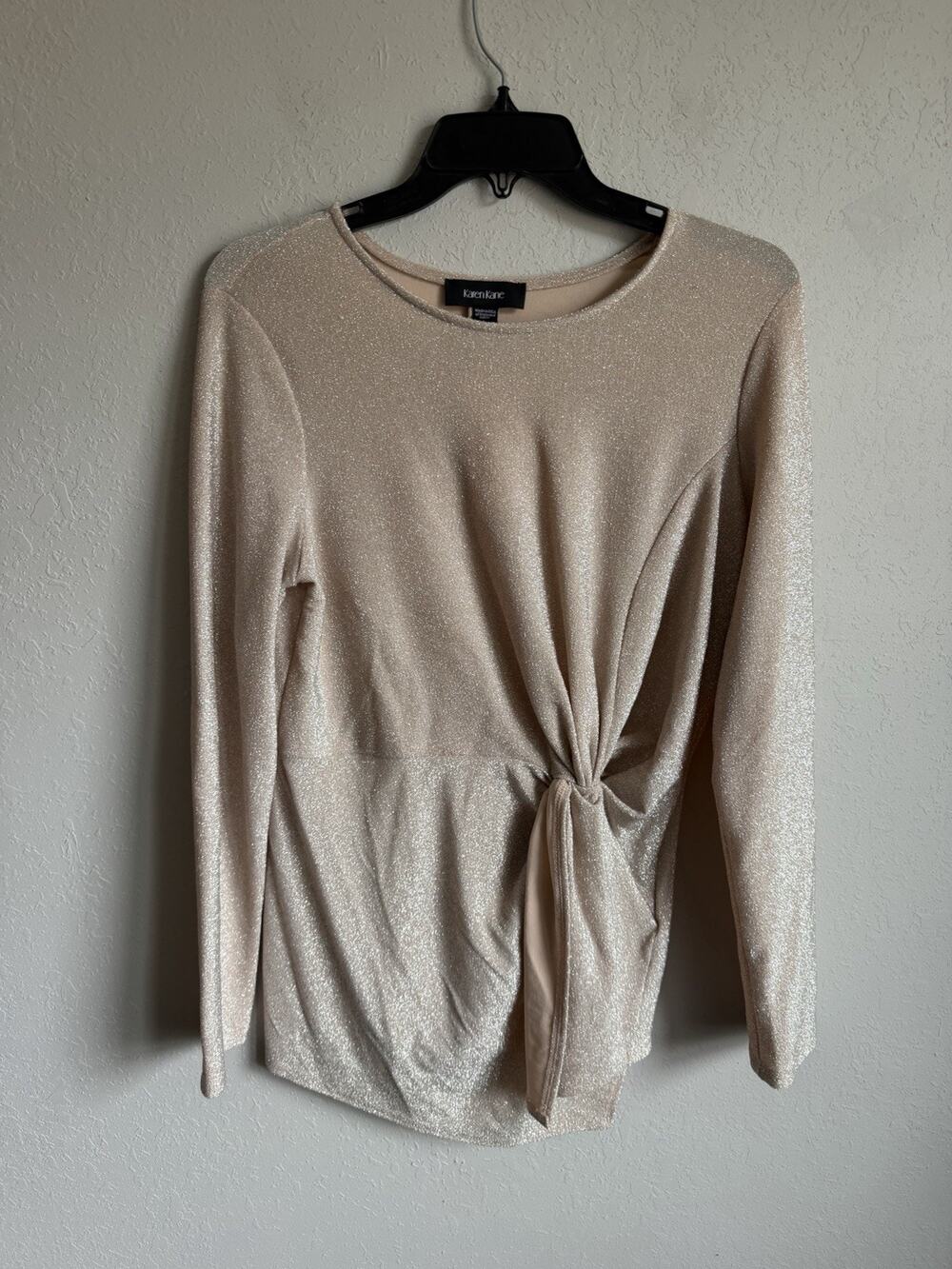 NWT Karen Kane Pink Chill Shimmer Twist Top Blouse Womens L Shimmer Coquette